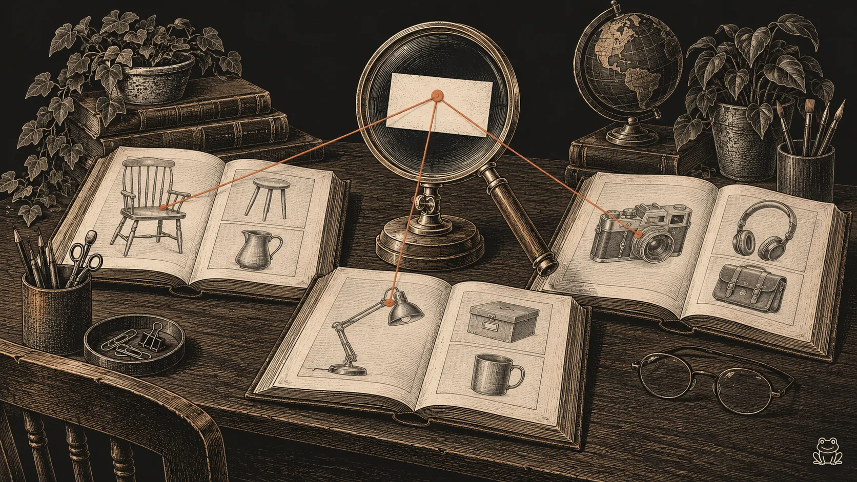 An engraved reference desk connects product source folios to a selected citation beneath a magnifying lens