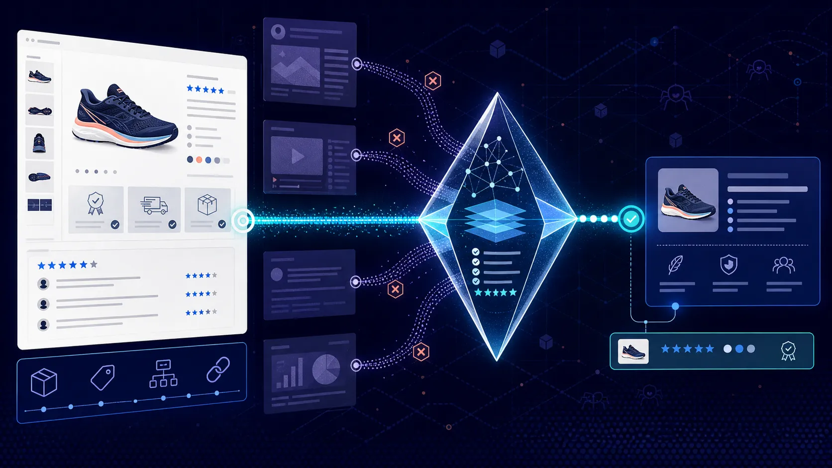 Product details, reviews, and structured data being selected from several sources to form a trusted AI shopping answer