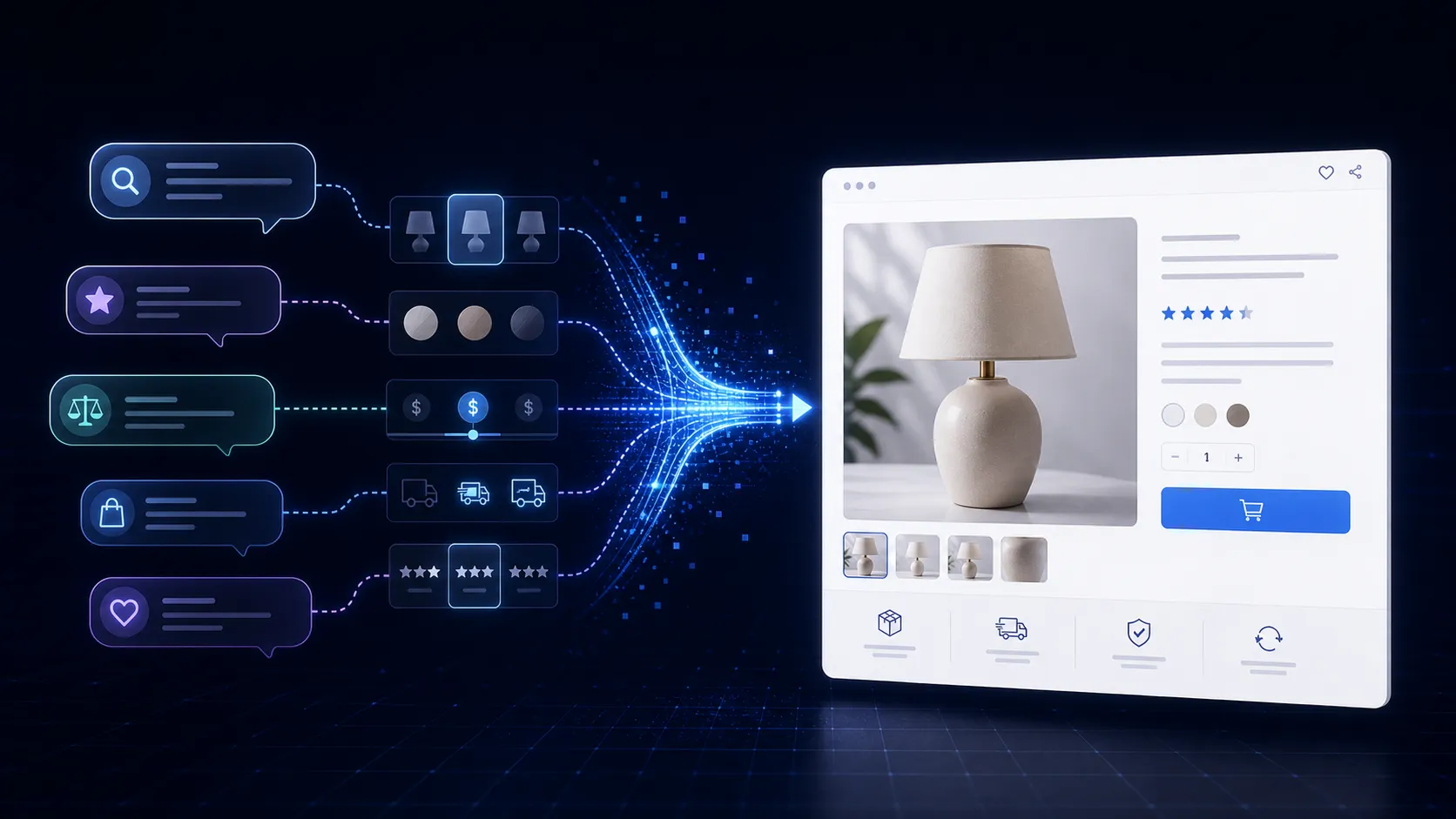 AI shopping questions and comparison signals narrowing into a direct visit to a Shopify product page for a table lamp