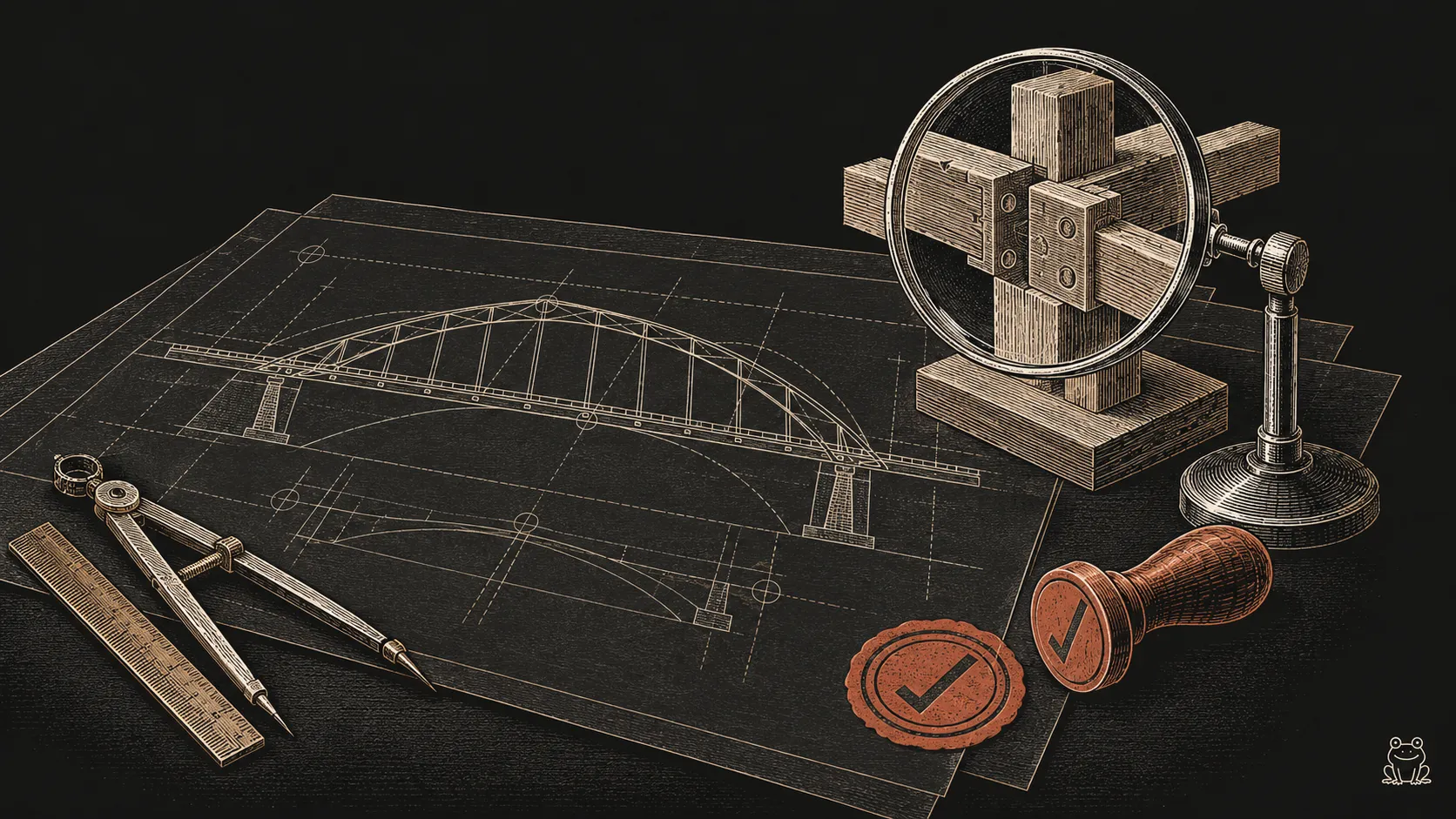 An engraved surveyor's desk shows a migration bridge plan and a model joint being inspected
