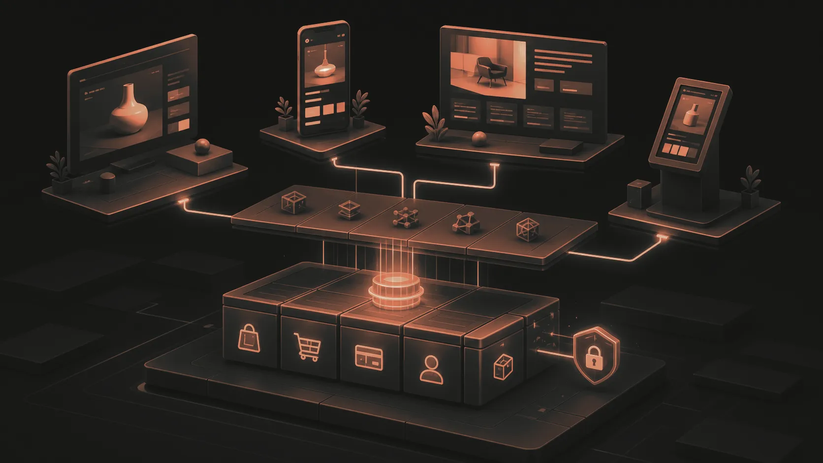 A central commerce engine and composable API layer powering web, mobile, editorial, and retail storefront experiences