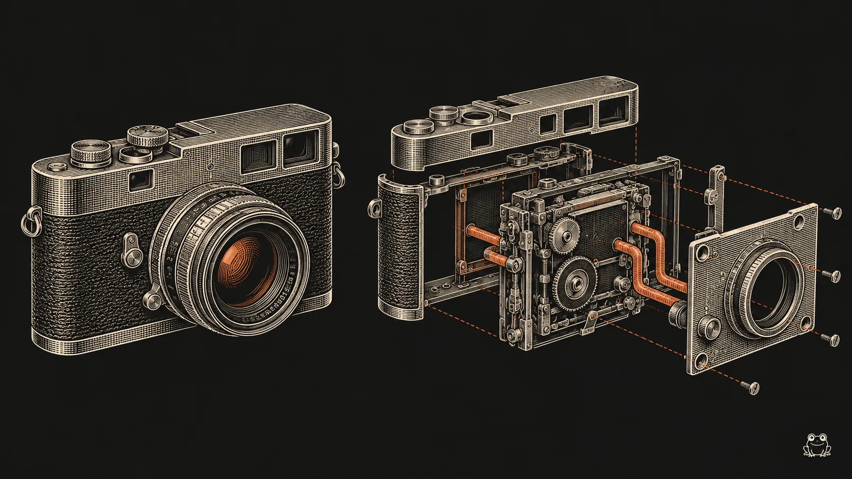 An engraved camera sits beside an exploded camera assembly, comparing a complete system with separately maintained parts