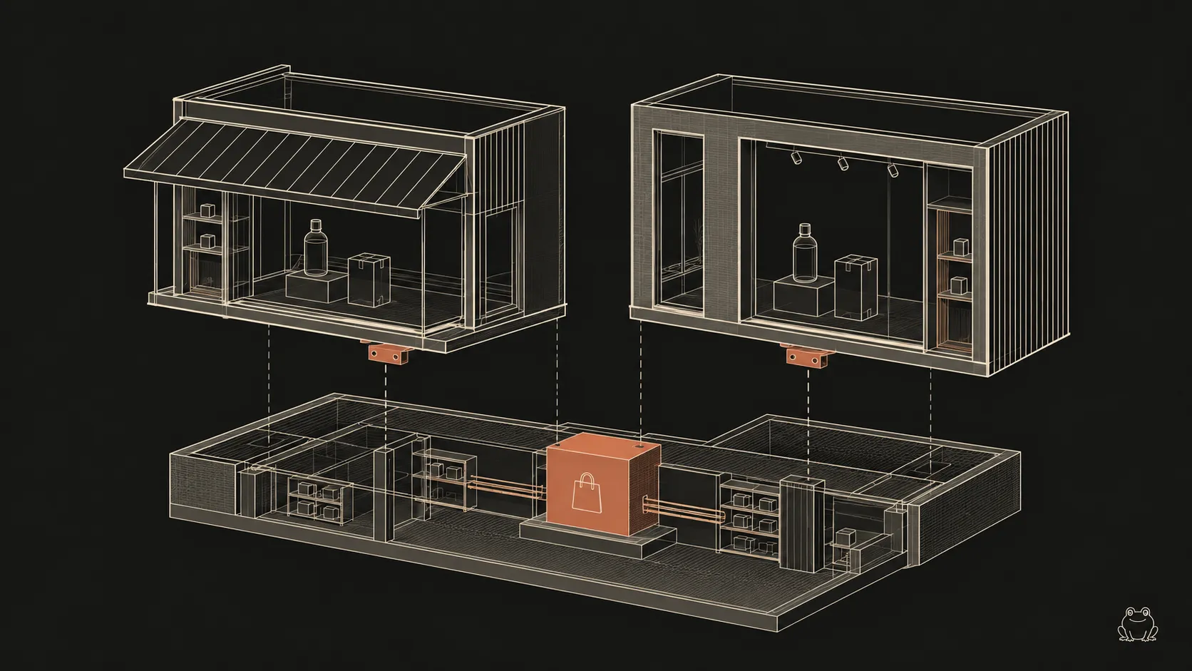 Ivory architectural line drawings of two storefronts suspended above a shared commerce foundation, with terracotta connectors and a central shopping-bag module