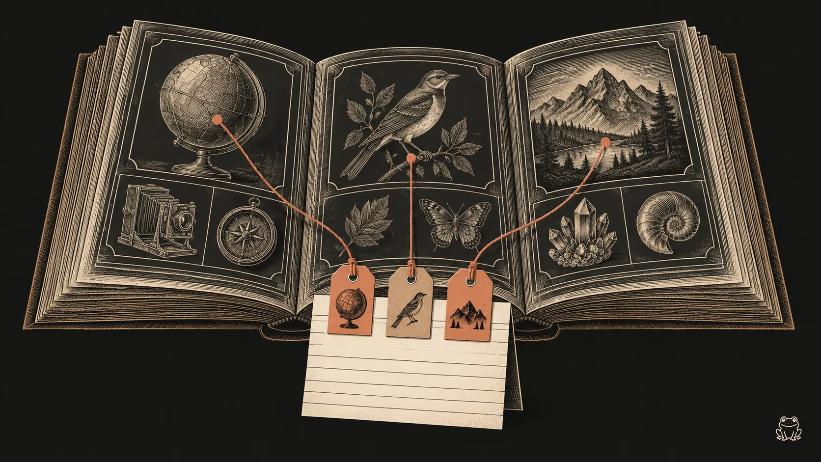 An engraved index card points to selected catalog pages with terracotta reference threads