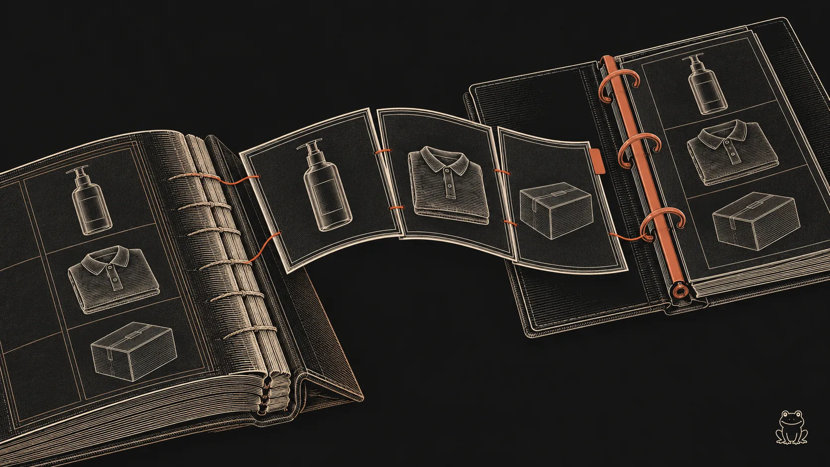 Engraved product pages connect an old stitched catalog to a new ring binder, preserving bottle, shirt and box illustrations with terracotta binding details