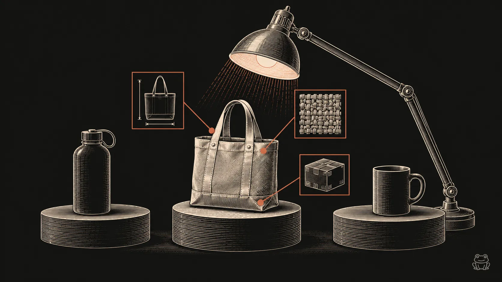 An engraved inspection lamp illuminates a product with dimension, material and delivery reference cards