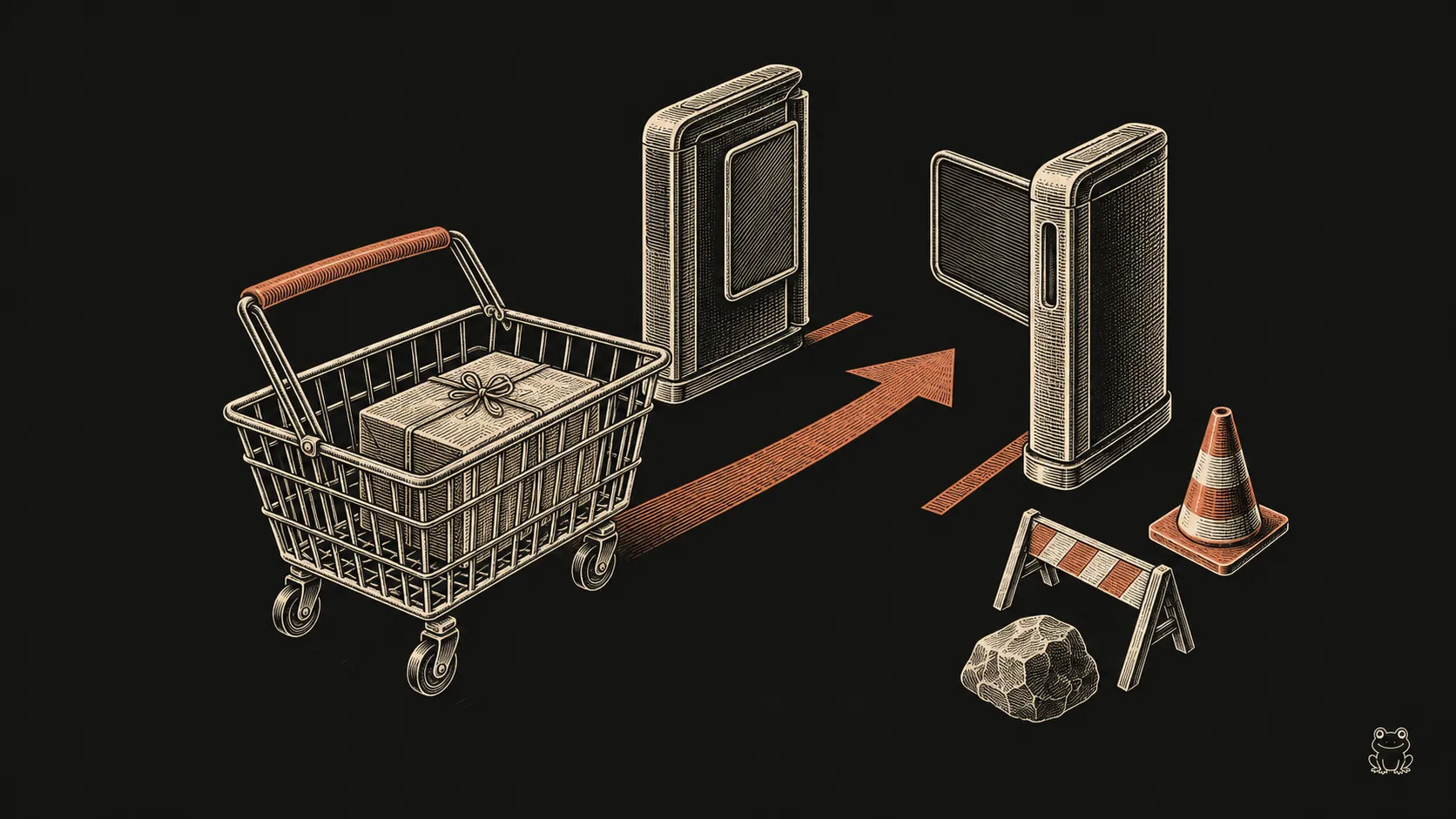 An engraved shopping cart approaches an open gate, with a barrier, rock and cone moved off the path