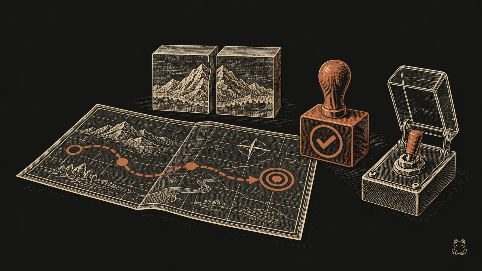 An engraved route map sits beside matched landscape blocks, a checkmark stamp and a protected launch switch