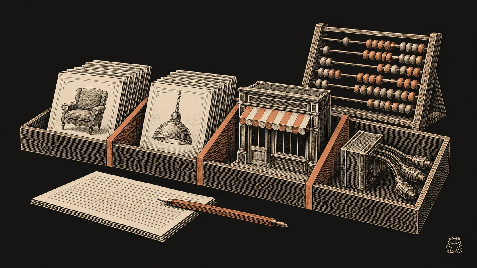 An engraved estimating desk separates catalog, storefront and integration work beside an abacus