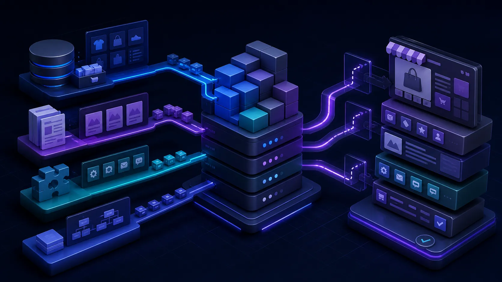 A structured ecommerce migration estimator connecting catalog, content, integrations, redirects, validation, and launch scope