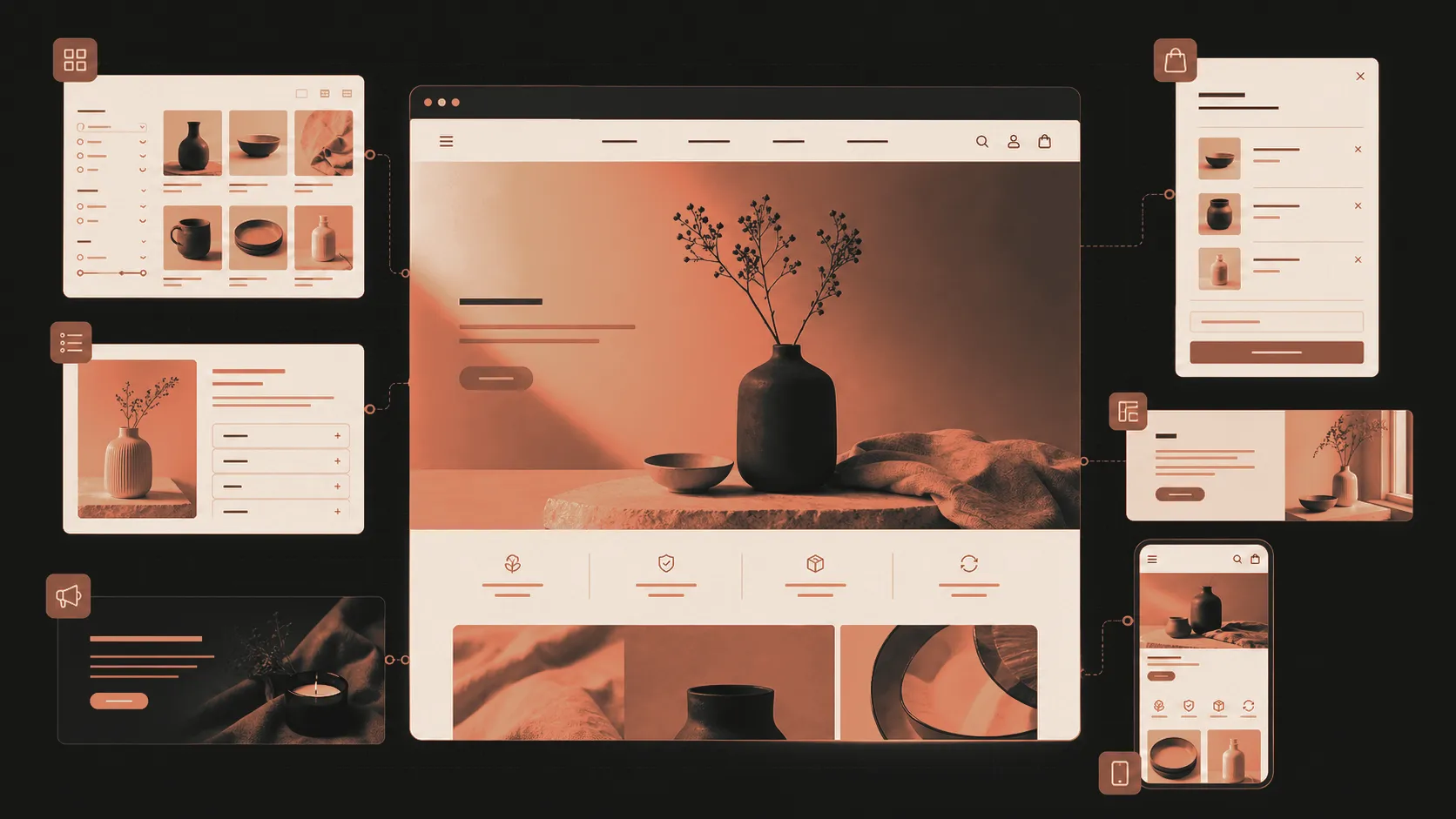 A modular ecommerce storefront system with collection filters, product details, promotions, cart, and mobile layouts