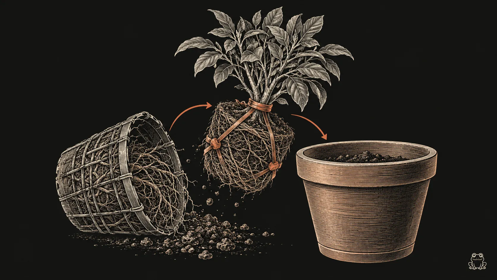 An engraved plant with intact roots moves between planters, with terracotta ties protecting its connections